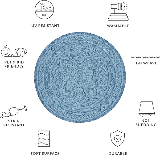 SAFAVIEH Washable Rug Outdoor Courtyard Collection - 6'7" Round, Navy & Aqua Blue, Non-Shedding & Easy Cleaning, Ideal for Patio, Backyard, Mudroom (CY8734-39421)