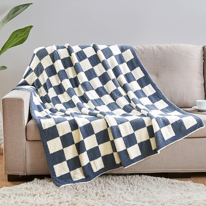 CozeCube Super Soft Fullfy Microfiber Reversible Knitted Blankets, Warm Cozy Fuzzy Plush Throw, Dusty Blue and White Checkered Throw Blanket for Couch Bed Sofa, 60" x 80"