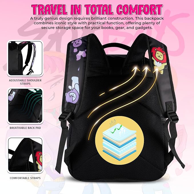 AI ACCESSORY INNOVATIONS K-Pop Demon Hunters Chibi Saja Boys 16” Backpack for Girls, Featuring Jinu, Abby, Mystery, Romance, & Baby, Saja Rubber Molded Bag Charm, Saja Boys