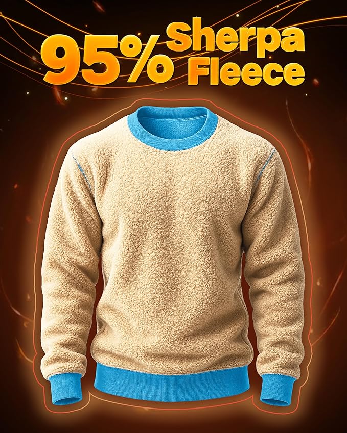Boladeci Men's Full Sherpa Lined Crewneck Sweatshirts Heavy-weight Fleece Pullover Thick Thermal Long Sleeve Cotton