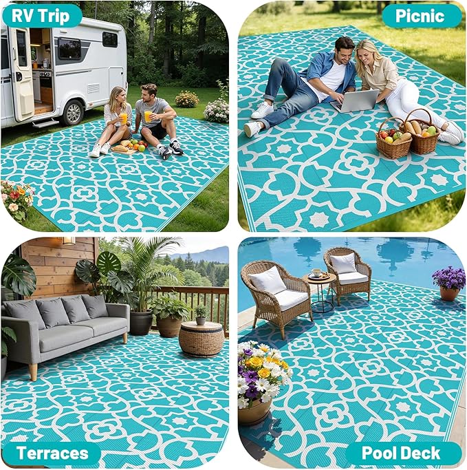 HEBE Outdoor Rug Waterproof 8x10, Plastic Straw Rug Camping Rug, Reversible Outdoor Patio Rugs RV Mat Clearance, Indoor Outside Floor Carpet for Porch,Deck,Camper,Balcony,Backyard