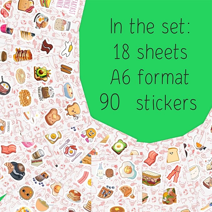 100Pcs Cute Breakfast Food Stickers for Scrapbooking, Water Bottle & Laptop - Breakfast Party Supplies & Decorations, Kawaii Food Stickers, Waterproof Vinyl Decals, Gifts for Women & Men