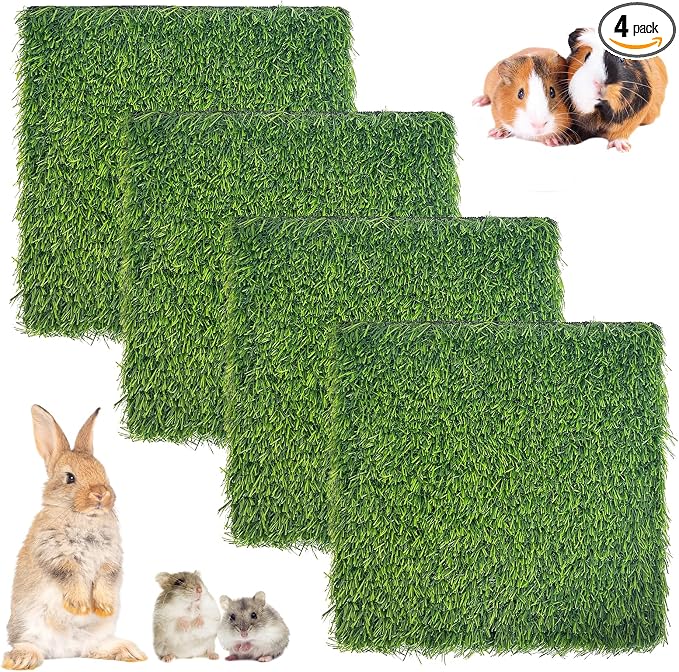 Hamiledyi 4 Pcs Artificial Rabbit Grass Mats Reusable Guinea Pig Pee Pads 11.8" x 11.8" Washable Turf Fake Grass Plastic Bunny Mat for Rabbit Chinchilla Small Pets Indoor Outdoor Trainer
