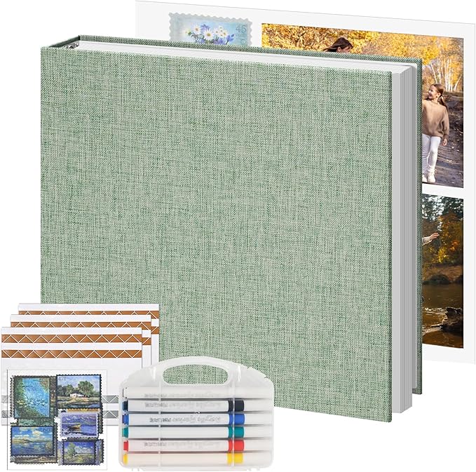 Vienrose Photo Album Scrapbook, 3 Ring 12" x 12" Linen Cover Kraft Paper Memory Book with 30 Sheets 60 Pages, Scrapbook Set for Wedding, Anniversary, Family, Travel, Sage Green