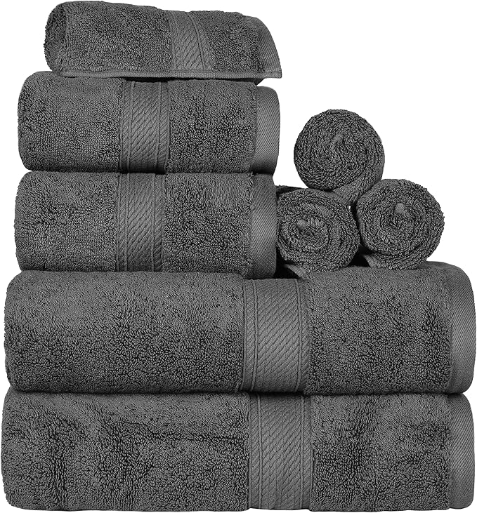 BLUENILEMILLS Madison Egyptian Cotton Towels, Towel Set for Bathroom, Shower, Hotel, Plush, 900 GSM, Highly Absorbent and Ultra-Soft Towels, Bath Essentials, 8 Piece Assorted Towel Set, Charcoal