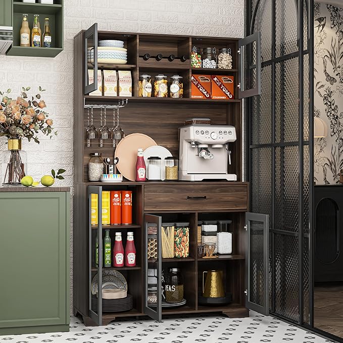 71" Tall Pantry Cabinet, Coffee Bar Storage Cabinet with Charging Station & LED Lights, Kitchen Hutch Food Pantry Cabinet with Wine Rack, Large Drawer, Adjustable Shelves & Microwave Stand, Brown | Coffee Bar, Liquor Cabinet, Power Outlet, LED Lights, ...
