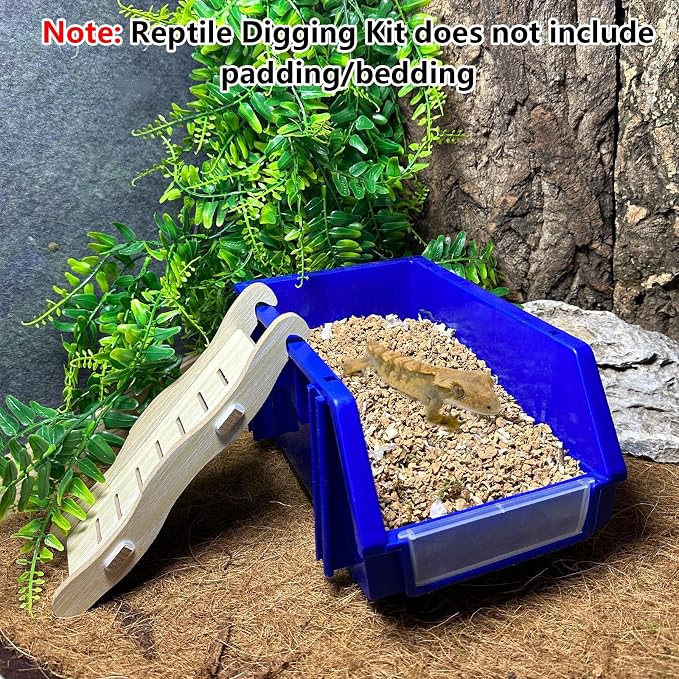 Reptile Digging Box Plastic Leopard Gecko Burrowing Habitat Hide Box with Wooden Ladder Compatible with Terrariums Tailored for Juvenile Bearded Dragons and Snake in Compact Setups (Blue)