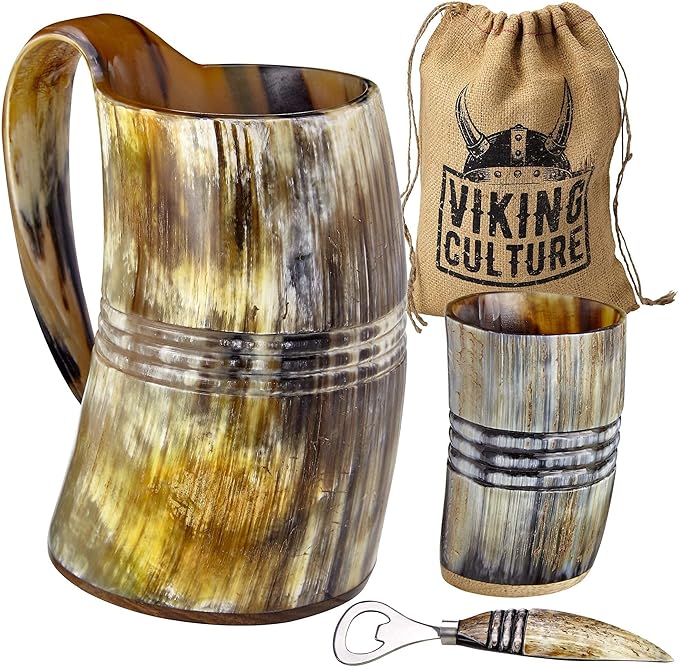 Viking Culture Ox Horn Mug, Shot Glass, and Bottle Opener (3 Pc. Set) Authentic 16-oz. Ale, Mead, and Beer Tankard | Vintage Stein with Handle | Custom Intricate Design - Natural Finish | The Ring