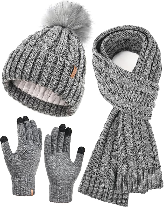 FURTALK Womens Winter Hat Gloves Scarf Set Fleece Knit Pom Beanie Warm Neck Warmer Touchscreen Gloves 3 in 1 Gift Set