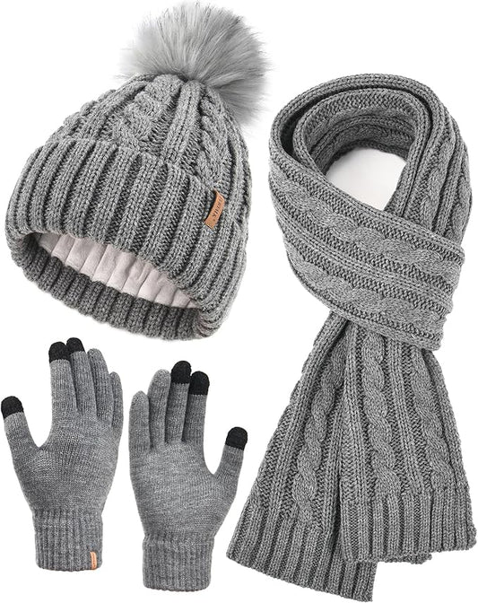 FURTALK Womens Winter Hat Gloves Scarf Set Fleece Knit Pom Beanie Warm Neck Warmer Touchscreen Gloves 3 in 1 Gift Set