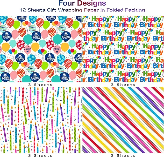 Birthday Wrapping Paper Sheet - 12 Sheets Folded Flat Gift Wrap with “Happy Birthday” Candles, Balloons, Colorful Stripes for Party, Baby Shower - 20 X 28 Inch Per Sheet