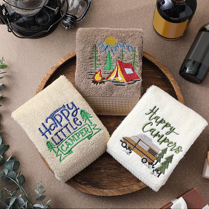 3 Pcs Camping Themed Hand Towels for Bathroom 14 x 29 Inch Embroidered Decorative RV Hand Towels 100% Cotton Farmhouse Campers Bathroom Decor
