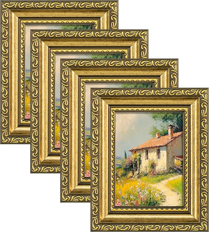 eletecpro 3x4 Picture Frames Set of 4, Ornate Vintage Photo Frames with Glass, Rustic Gold Frame Displays 3x4 Photo for Tabletop, Gold