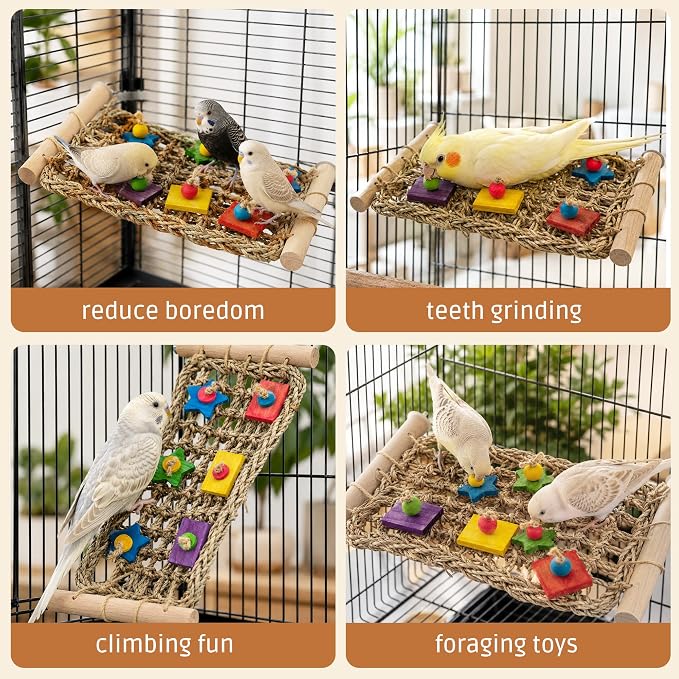 FlidRunest Conure Ladder Perch with Colorful Wood Chew Block | Natural Parrot Seagrass Foraging Mat, Bridge Stands Climbing Hammock Chewing Activity Toy for Parakeets, Lovebird