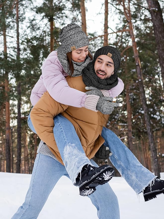 Winter Beanie Hat Scarf Gloves, Warm Fleece Knit Hats Touch Screen Gloves Neck Scarf Set Winter Gifts for Unisex Adult