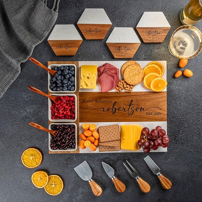 Personalized Charcuterie Board - Custom Engraved Wooden Marble Cheese Boards for Bridal Shower, Wedding, Housewarming, Birthday for Couples & Women