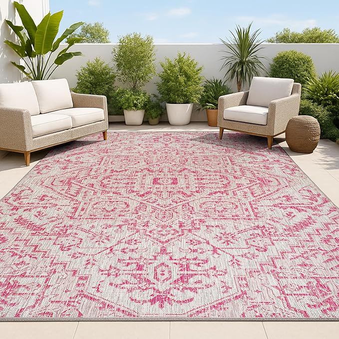JONATHAN Y Boho Medallion Indoor Outdoor Area Rug 8X10 Light Gray/Fuchsia, Estrella Textured Weave for Backyard, Patio, Porch, Easy-Cleaning, High Traffic, Pet-Friendly, Non-Shedding (SMB105F-8)