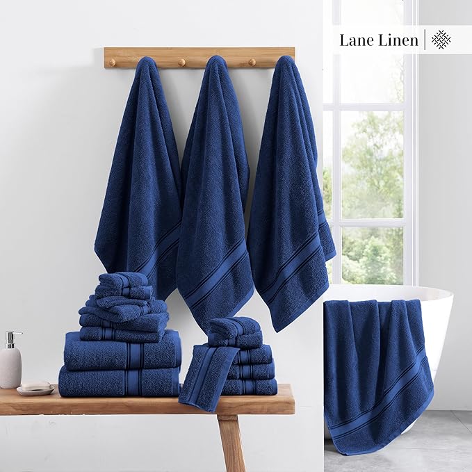LANE LINEN 100% Ring-Spun Cotton Bath Towel Set of 18 – Zero Twist Shower Towels, 6 Bath, 6 Hand Towel & 6 Washcloths, Quick-Dry, Luxuriously Soft & Durable, Perfect for Everyday use – Navy