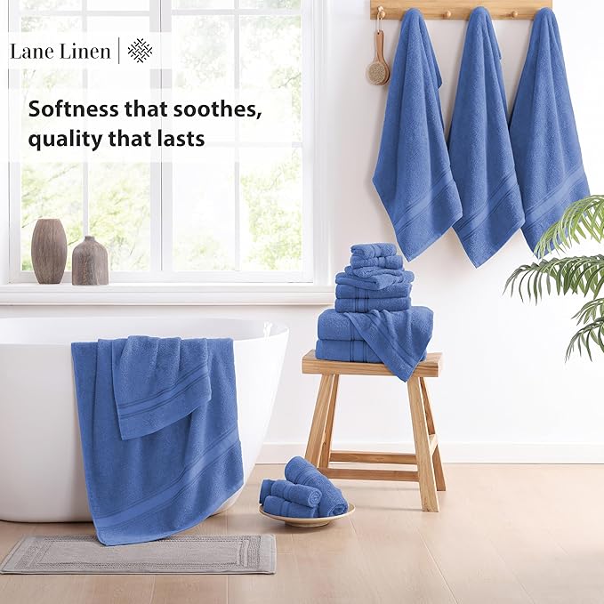 LANE LINEN Bathroom Towels Set of 18 – Zero Twist, 100% Ring-Spun Cotton, 6 Bath, 6 Handtowel & 6 Washcloths, Luxury Hotel Design, Perfect for Salon & Guests, Machine Washable – Cerulean Blue