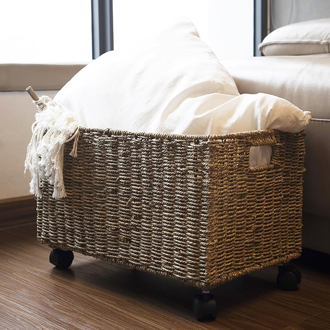 PEMAR Set 2 Nesting Natural Wicker Rolling Storage Baskets on Wheels w Insert Handles, Under Table Under Desk Woven Storage Bins, Mobile File Cabinet Organiser (Seagrass, Sizes M, L Nesting)