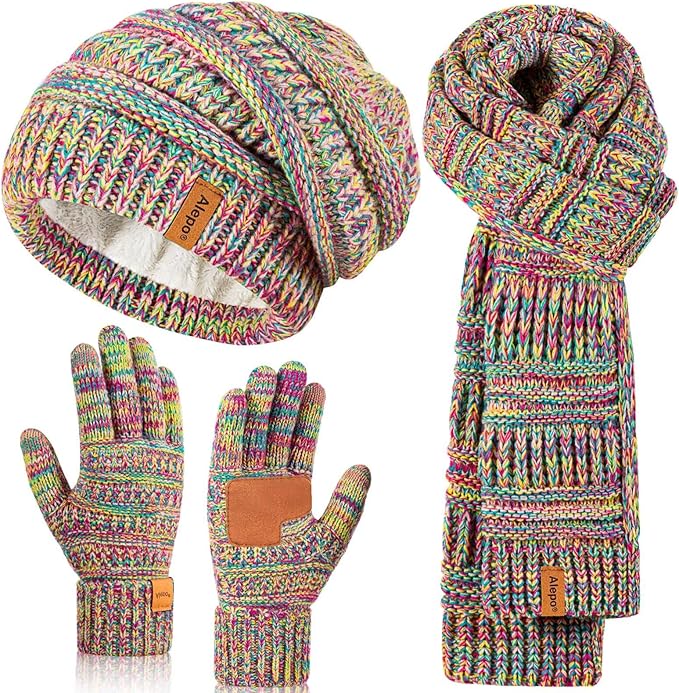 Winter Beanie Hat Scarf Gloves Set for Women, Slouchy Beanie Long Scarf Touchscreen Gloves, Warm 3 in 1 Christmas Gift Set
