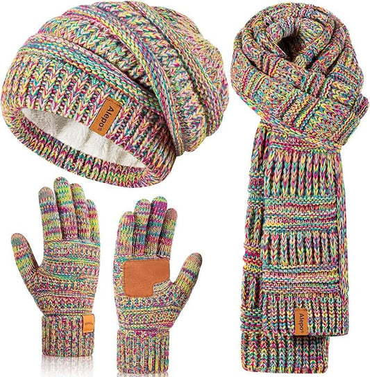 Winter Beanie Hat Scarf Gloves Set for Women, Slouchy Beanie Long Scarf Touchscreen Gloves, Warm 3 in 1 Christmas Gift Set