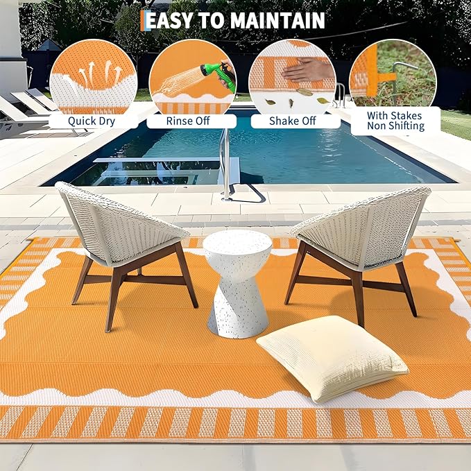 Waterproof Plastic Straw Outdoor Rug 9x18 Patio Reversible UV Resistant Foldable Camping Carpet Scalloped Border Large Outdoor Rugs for Deck, Picnic, Porch, Camper, Balcony, Beach，Orange
