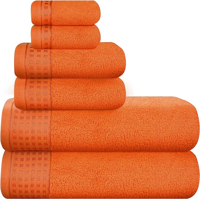 GLAMBURG 100% Cotton Ultra Soft 6 Pack Towel Set, Contains 2 Bath Towels 28x55 Inches, 2 Hand Towels 16x24 Inches & 2 Wash Coths 12x12 Inches, Compact Absorbent Lightweight & Quickdry - Orange