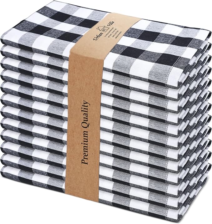 Urban Villa Cloth Napkins 100% Cotton Dinner Napkins Highly Absorbent 20x20 Inches (Set of 12) Black White Buffalo Checks Reusable Washable Soft Durable Premium Napkins Ideal for Home Wedding Parties