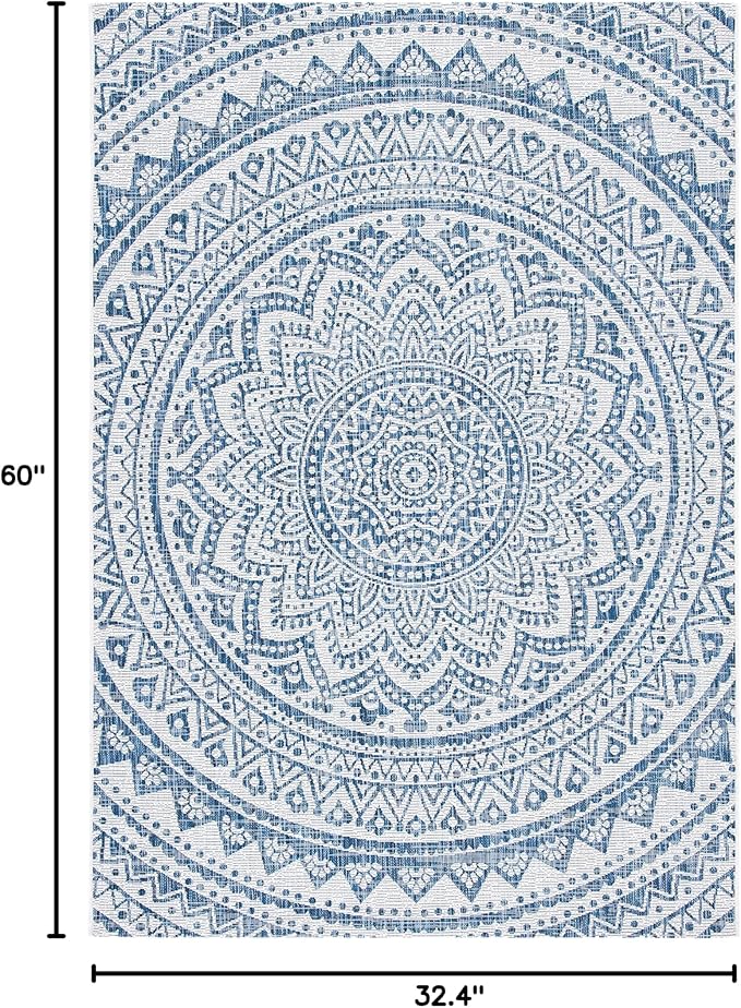 SAFAVIEH Courtyard Collection 2'7" x 5' Ivory/Navy CY8734 Indoor/ Outdoor Waterproof Easy Cleaning Patio Backyard Mudroom Area Rug