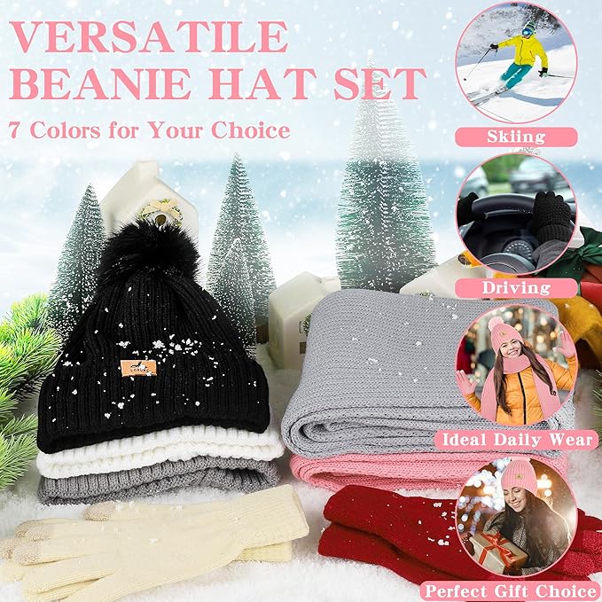 LOROME Women Winter Beanie Hat Scarf Gloves Set, Fleece Knitted Pompom Hat Warm Neck Scarf Touchscreen Gloves Winter Gift