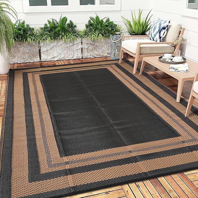 Waterproof Plastic Straw Outdoor Rug 9x18 Patio Reversible UV Resistant Foldable Camping Carpet Modern Border Large Outdoor Rugs for Deck, Picnic, Porch, Camper, Balcony, Beach，Black/Brown