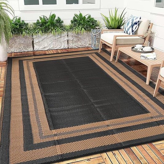 9x12 Outdoor Rug Waterproof Foldable Plastic Straw Carpet for Patio Porch Modern Border Reversible Mat Lightweight Floor Mat for Picnic, Backyard, Beach, Deck, Camper, Balcony，Black/Brown