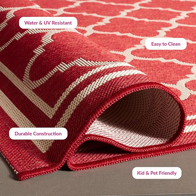 SAFAVIEH Washable Rug Outdoor Courtyard Collection - 7'10" Square, Red & Bone, Non-Shedding & Easy Cleaning, Ideal for Patio, Backyard, Mudroom (CY6918-248)