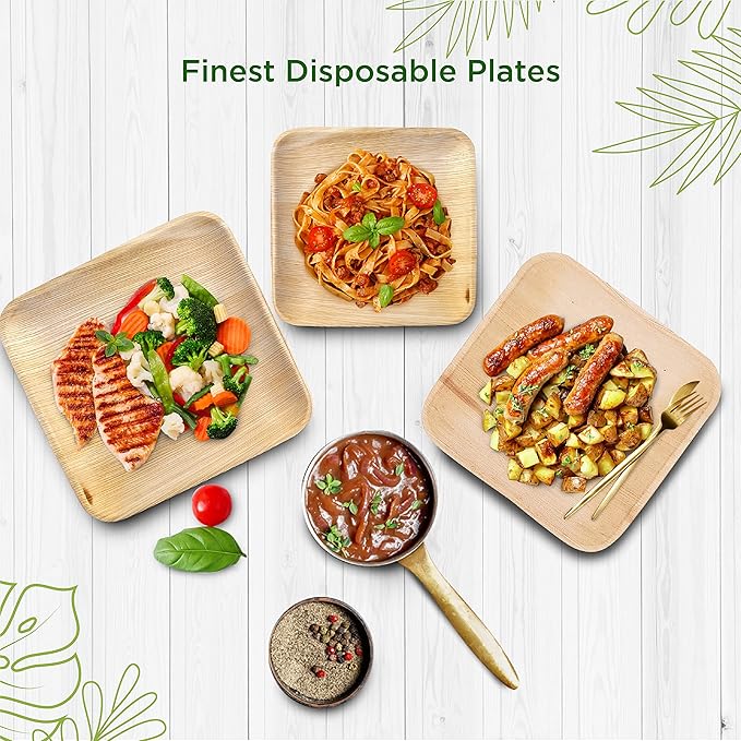 6 Inch 100 Square Palm Leaf Plates – Compostable, Biodegradable, Eco-Friendly – Like Bamboo Disposable Plates for Party, Wedding, Picnic – Sturdy, Heat Proof & Leak Proof