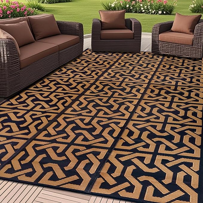 SAND MINE Reversible Mats, Plastic Straw Rug, Modern Area Rug, Large Floor Mat and Rug for Outdoors, RV, Patio, Backyard, Deck, Picnic, Beach, Camping, Trailer, Black & Brown, 9' x 18'