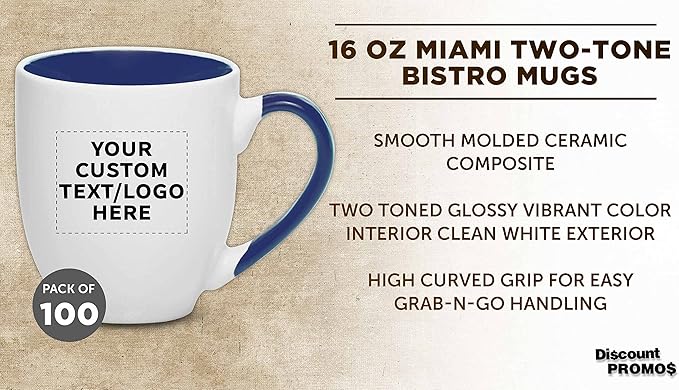 Custom Bistro Style Large Coffee Mugs 16 oz. Set of 100, Personalized Bulk Pack - Perfect for Coffee, Tea, Espresso, Hot Cocoa, Other Beverages - Cobalt Blue