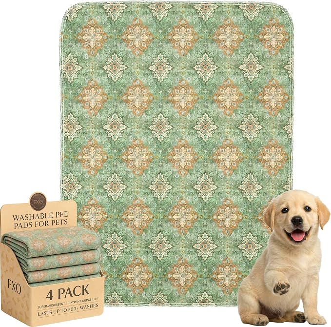 4PACK Washable Pee Pads for Dogs,Great Urine Absorbent Reusable Puppy Training Pads,Waterproof,Leak-Proof & Non-Slip Potty Pads for Whelping,Crate,Playpen,Bed.(Green Floral Flat,18"x24")