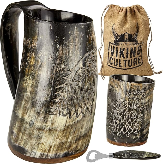 Viking Horn Mug Gift Set Christmas Gifts for Men – 16oz Beer Tankard, Shot Glass, Bottle Opener – Medieval Drinking Horn Stocking Stuffer for Dad Husband – Unique Holiday Birthday Present