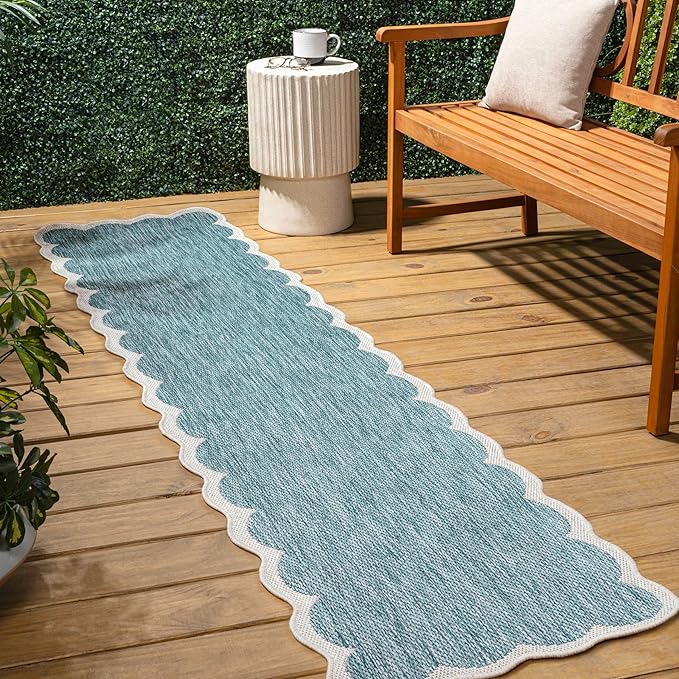 JONATHAN Y Cottage Two-Tone Scalloped Indoor Outdoor Runner Rug 2X8 Turquoise/Cream, Alice Classic for Backyard, Patio, Porch, Easy-Cleaning, High Traffic, Pet-Friendly, Non-Shedding (SHP103D-28)