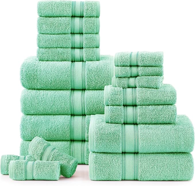 LANE LINEN 18Piece Bathroom Towels – Luxurious 100% Ring Spun Cotton, Zero Twist, Includes 6 Bath, 6 Hand & 6 Washcloths, Quick-Dry, Lightweight, Everyday Essential, Machine Washable – Aqua Sky