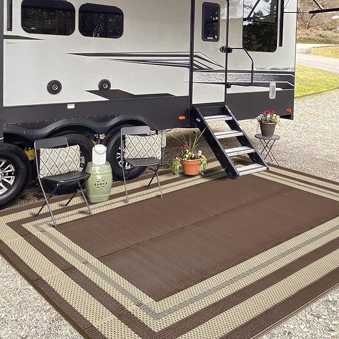 9x12 Outdoor Rug Waterproof Foldable Plastic Straw Carpet for Patio Porch Modern Border Reversible Mat Lightweight Floor Mat for Picnic, Backyard, Rv, Beach, Deck, Camper, Balcony，Brown
