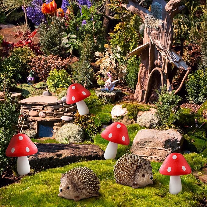 Queekay Fairy Garden Hedgehog Miniature Figurines, Resin Mushroom Decor | Hedgehog & Mushroom Set, Plant Pot Bonsai Accent, Miniature Fairy Garden Figurines, Resin Craft, Indoor Outdoor Scene
