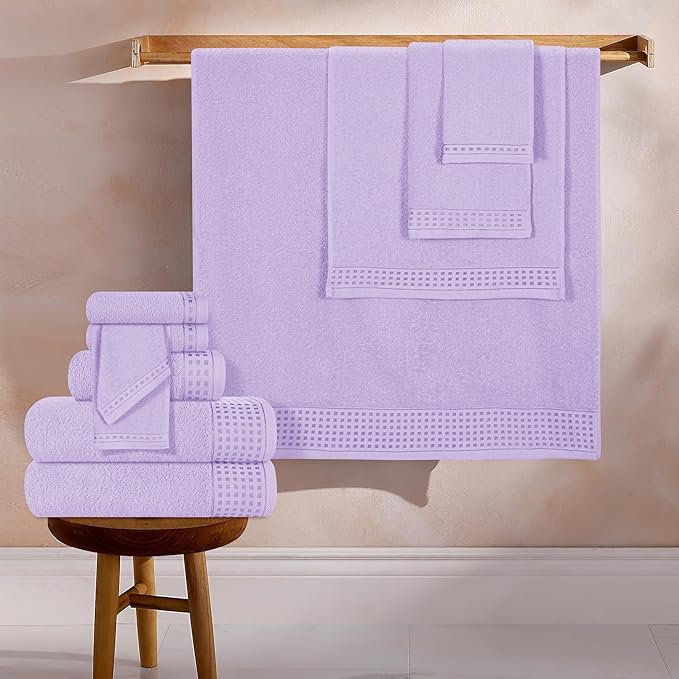 GLAMBURG Towels for Bathroom, 100% Cotton Towel Set, Contains 8 Soft Bath Towel, 8 Hand Towels, 8 Wash Cloths - Compact Absorbent Lightweight & Quickdry - 24 Piece Bathroom Towel Set - Purple
