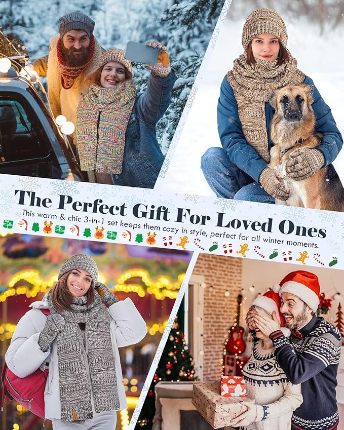 Winter Beanie Hat Scarf Gloves Set for Women, Slouchy Beanie Long Scarf Touchscreen Gloves, Warm 3 in 1 Christmas Gift Set
