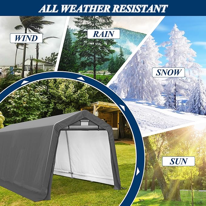 COVERONICS 8' x 14' Outdoor Storage Shed - Heavy Duty Portable Shelter Carport with Ventilation Windows and Roll-up Doors, Storage Shelter Tent for Motorcycle, Bike, Lawnmower and Garden Tools, Grey