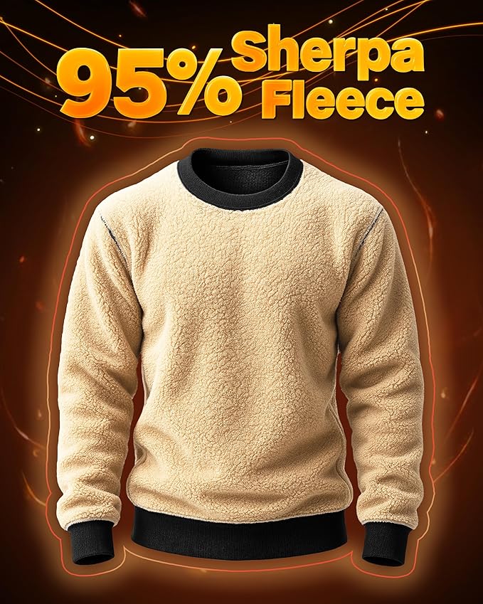 Boladeci Men's Full Sherpa Lined Crewneck Sweatshirts Heavy-weight Fleece Pullover Thick Thermal Long Sleeve Cotton