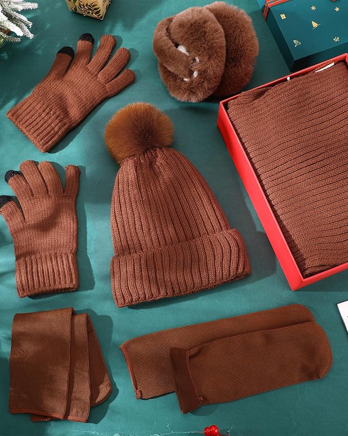 Geyoga 6 Pcs Winter Warm Set for Women Warm Beanies Hats Touchscreen Gloves Long Scarf Ear Muffs Socks Winter Gifts for Women