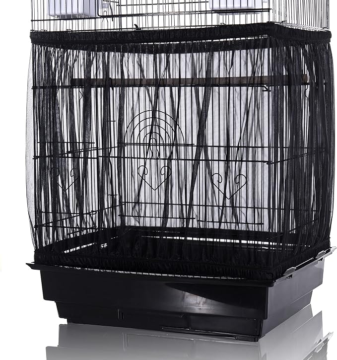 Tamu style Bird Cage Seed Catcher, Large, Stretchy Form Fitting Mesh Skirt Cover for Parrot Enclosures, Light and Breathable Fabric, Prevent Scatter and Mess, Reusable,Adjustable, Lightweight,Black | Stretchy bird cage cover with nylon netting; breatha...