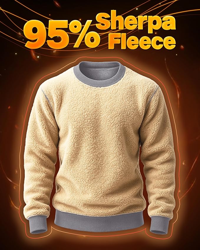 Boladeci Men's Full Sherpa Lined Crewneck Sweatshirts Heavy-weight Fleece Pullover Thick Thermal Long Sleeve Cotton